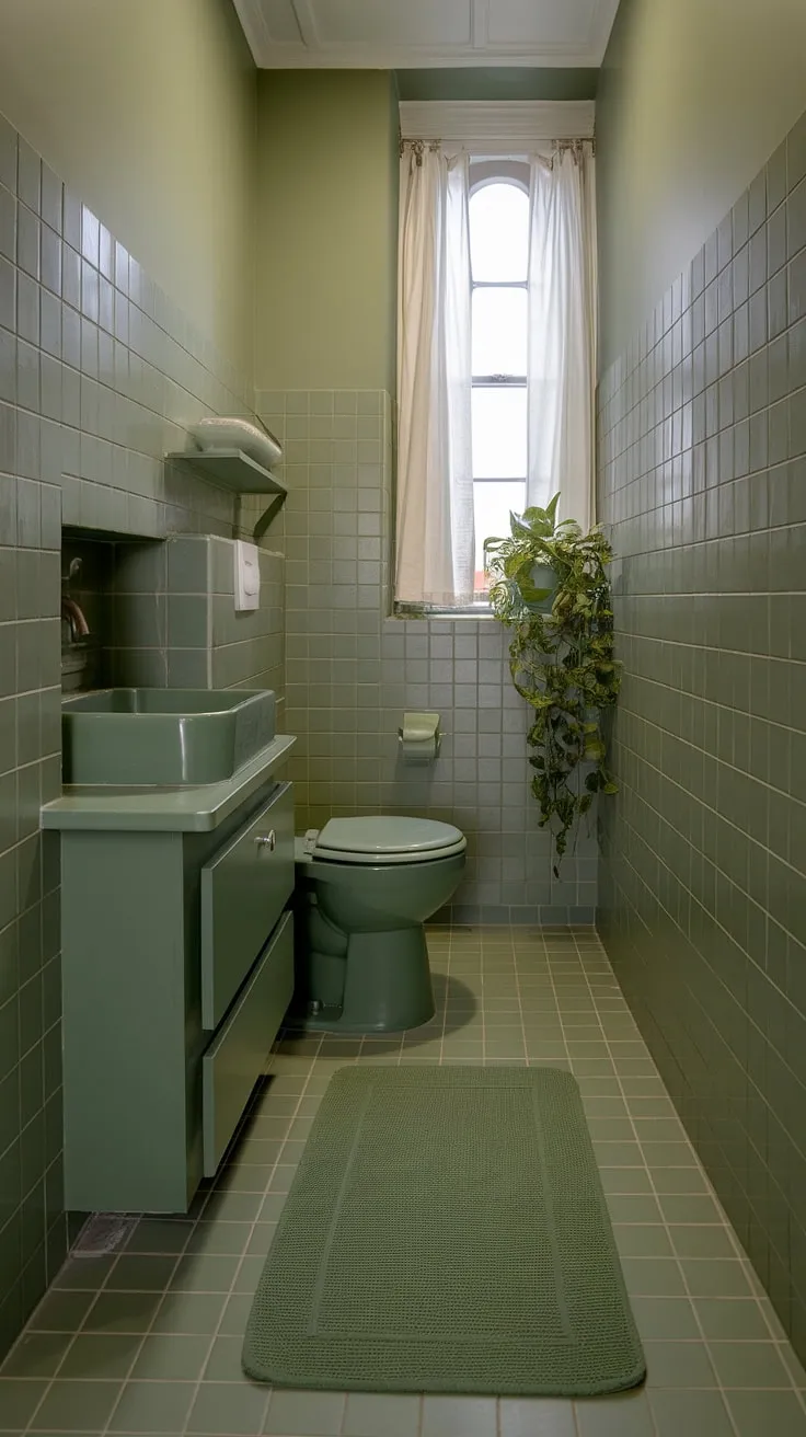 This small upstairs bathroom showcases a stunning sage green color scheme with green tile decor, a matching sink and cabinet, and bright lighting that enhances its stylish restroom decor.