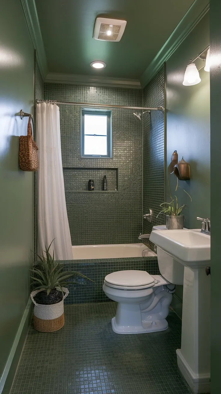 The bright and inviting restroom decor showcases a harmonious blend of sage green walls and dark green tiles, perfect for a chic bathroom redesign in a compact space.
