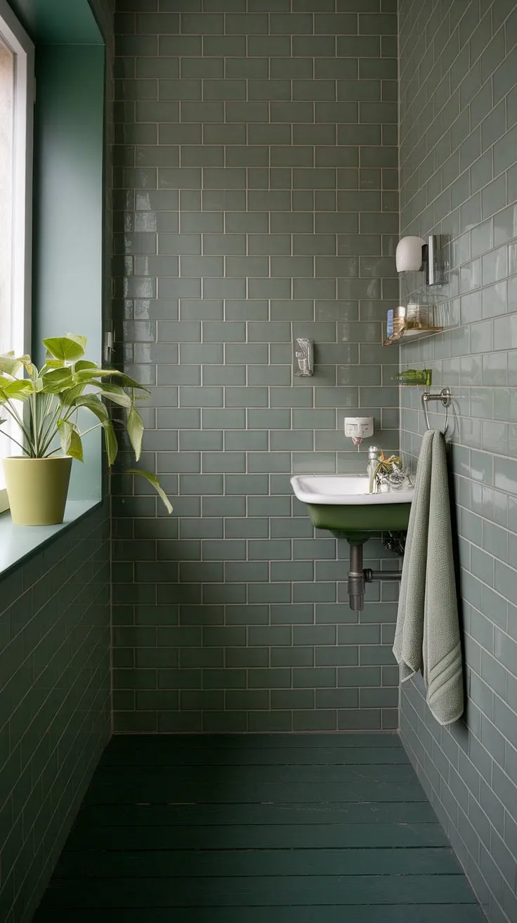 The combination of sage green walls, dark green wood flooring, and green bathroom decor transforms this small upstairs bathroom into a chic retreat.