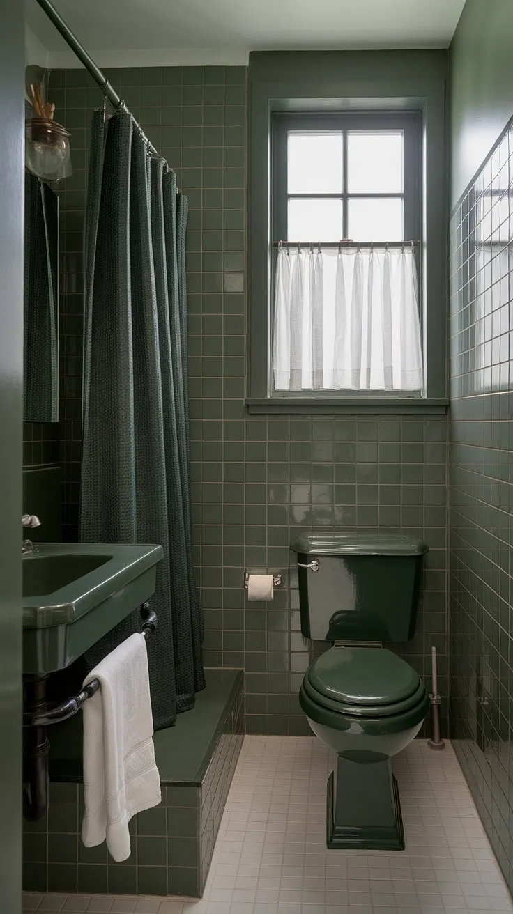 This small upstairs bathroom showcases a stunning sage green color scheme with green tile walls, a matching sink and dark green accents, creating a cohesive and stylish restroom decor.