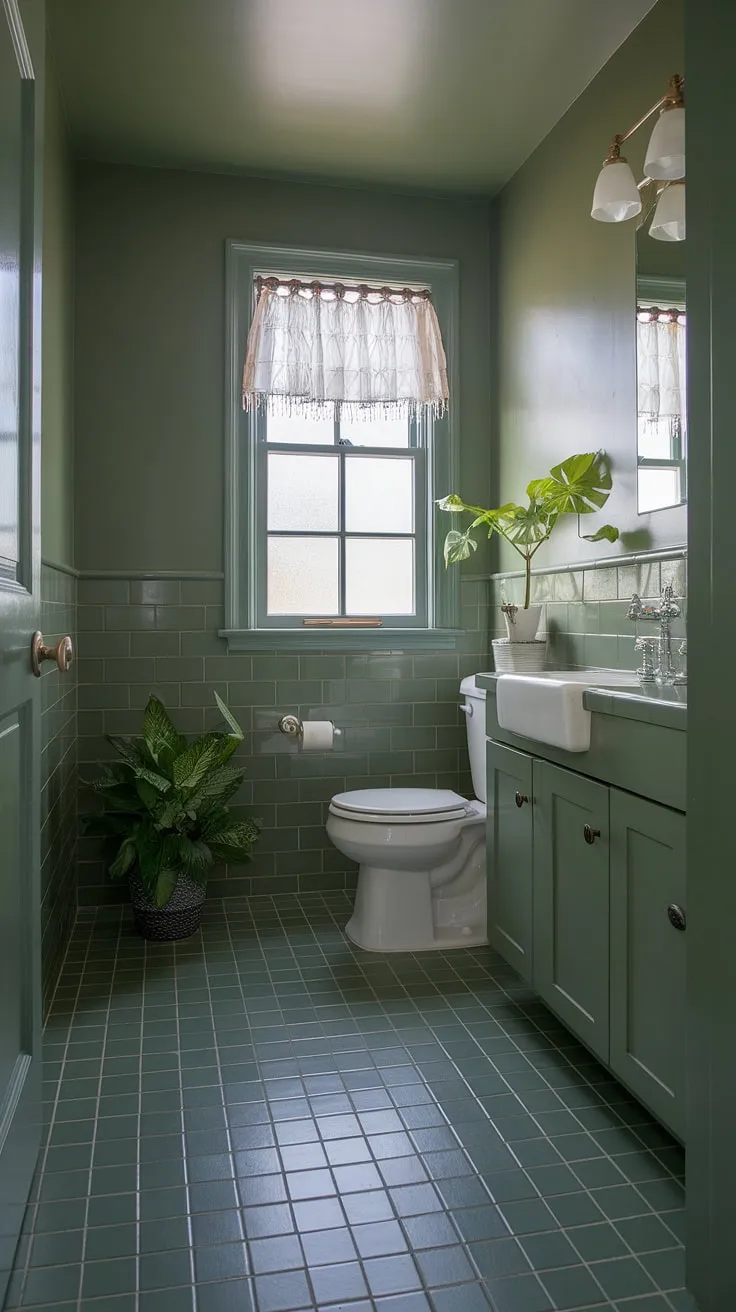 This sage green bathroom features a harmonious blend of green tile and decor, creating a calming atmosphere perfect for small bathroom interiors and upstairs bathrooms.