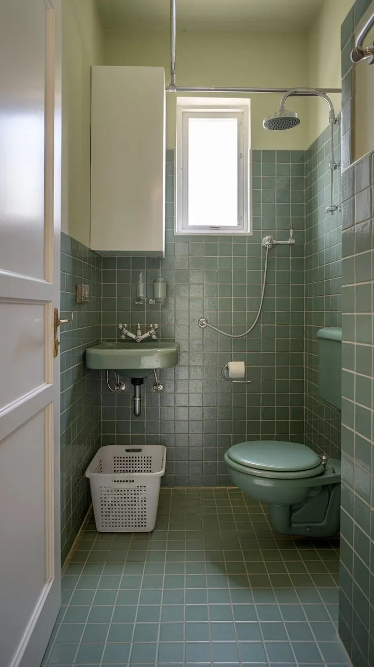 With its bright lighting and elegant restroom decor, this dark green bathroom showcases the beauty of green bathroom decor in a compact space.
