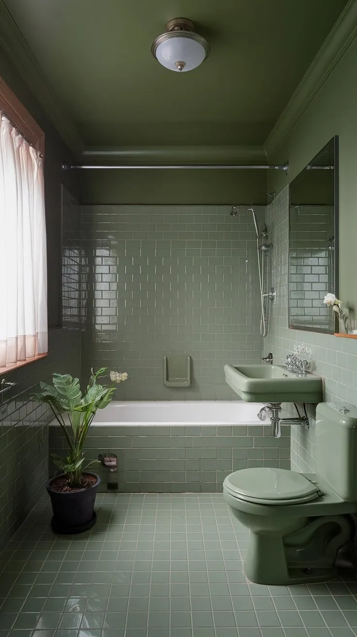 This sage green bathroom features stunning green tile decor, creating a stylish and refreshing small bathroom interior perfect for a bathroom redesign.