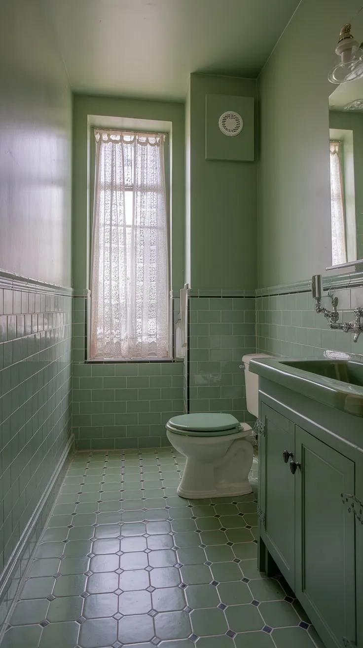 With its elegant green bathroom decor and charming lace curtains, this dark green bathroom creates a refreshing and inviting restroom decor.