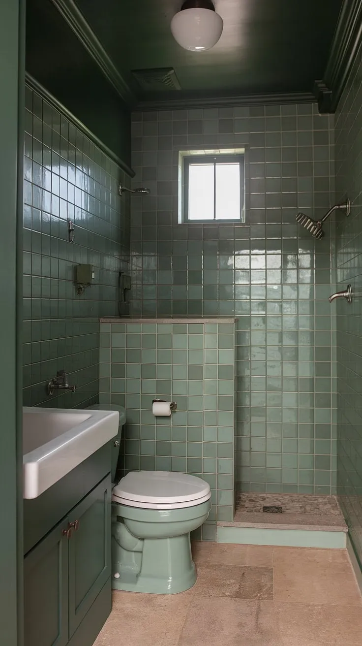 This sage green bathroom features stunning green tile decor, a dark green cabinet, and a bright white sink, making it a stylish choice for small bathroom interiors and restroom decor.