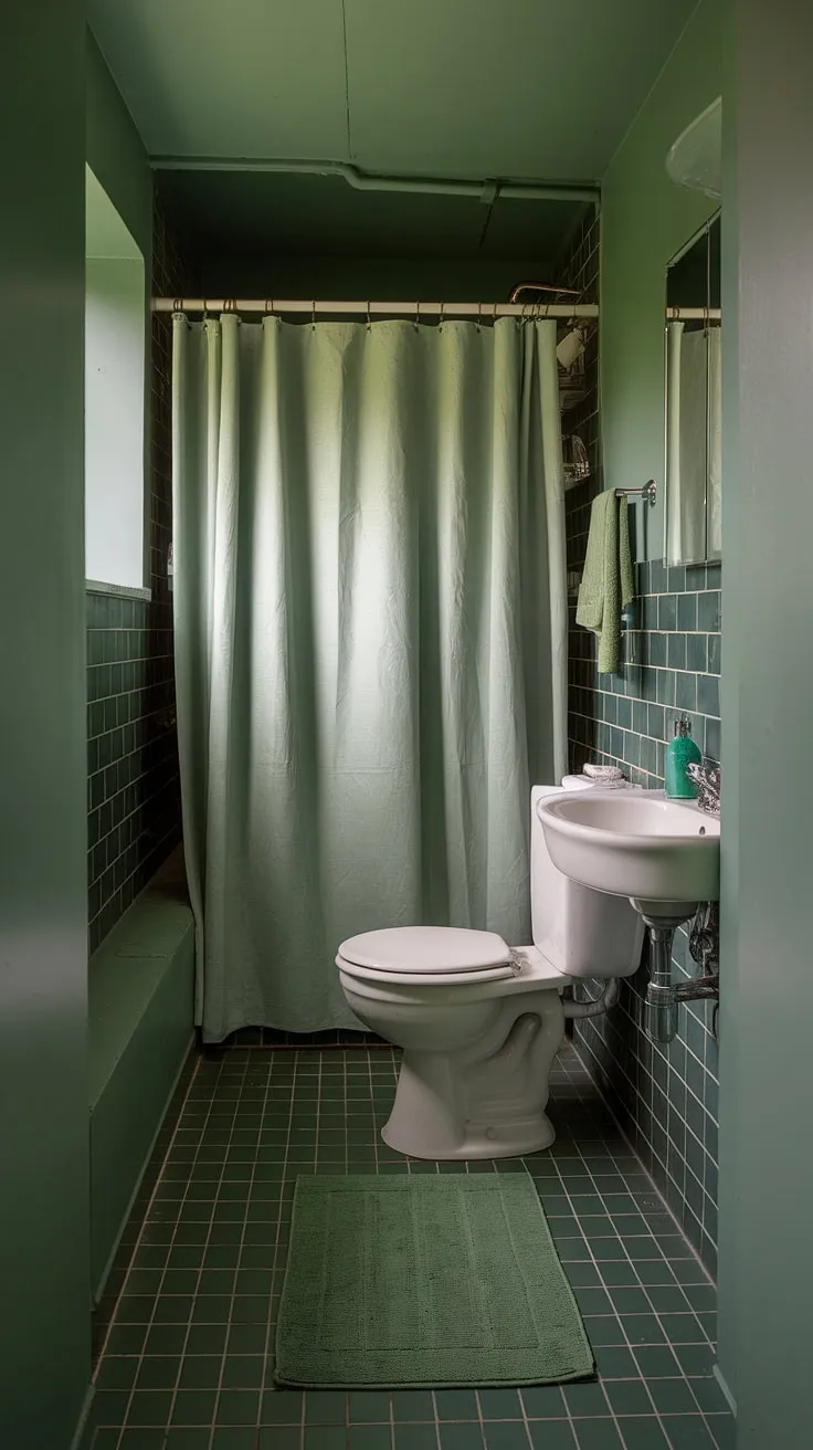 This small sage green bathroom features dark green tile walls and floor, complemented by white fixtures and green decor, creating a stylish and cohesive restroom design.