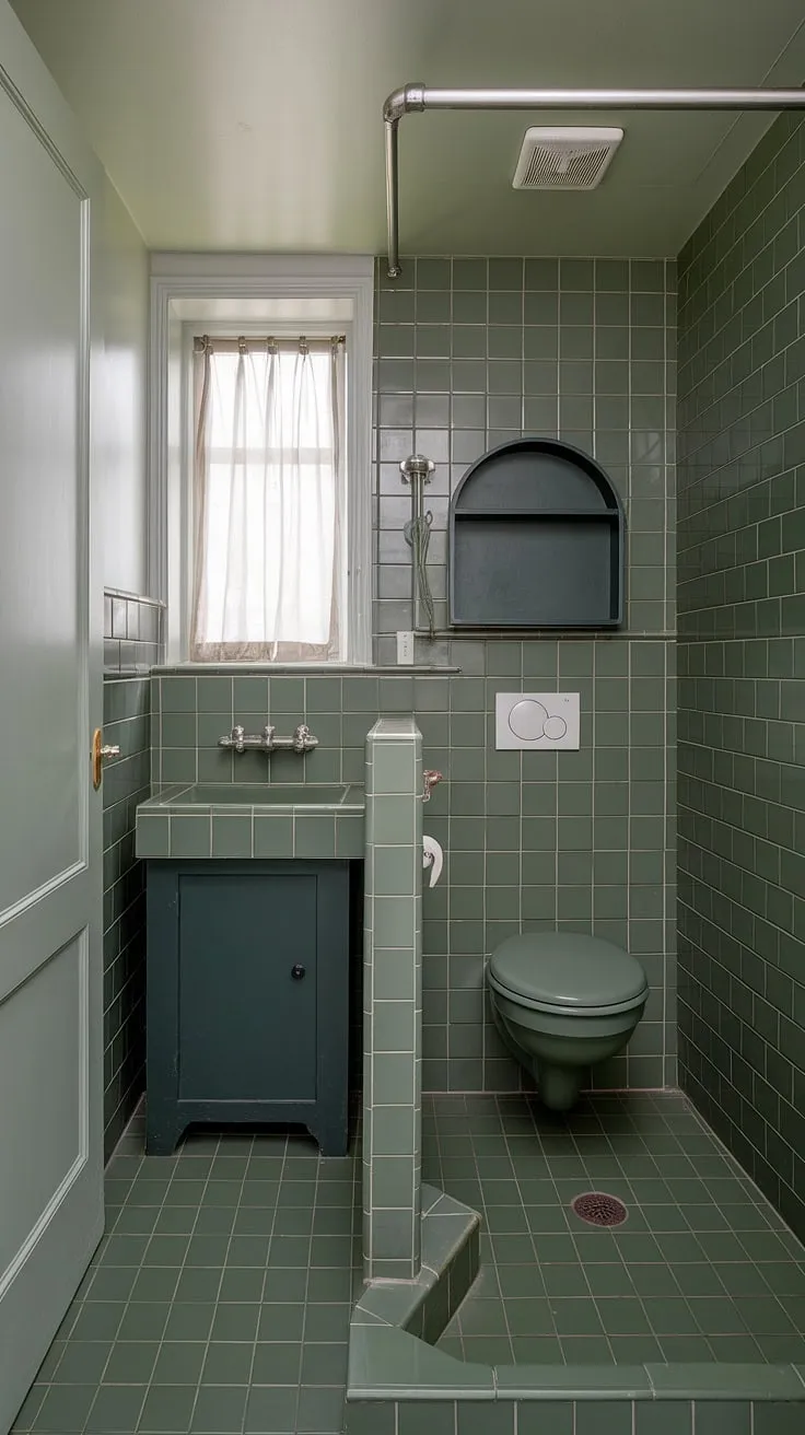 This sage green bathroom features a stylish green tile shower and floor, complemented by a dark green cabinet and wall-mounted shelf, making it a perfect choice for a small bathroom interior redesign.