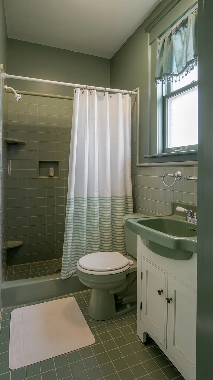 This small upstairs bathroom showcases a vintage charm with sage green walls, green tile flooring, and coordinated restroom decor, making it a perfect example of stylish bathroom redesign.