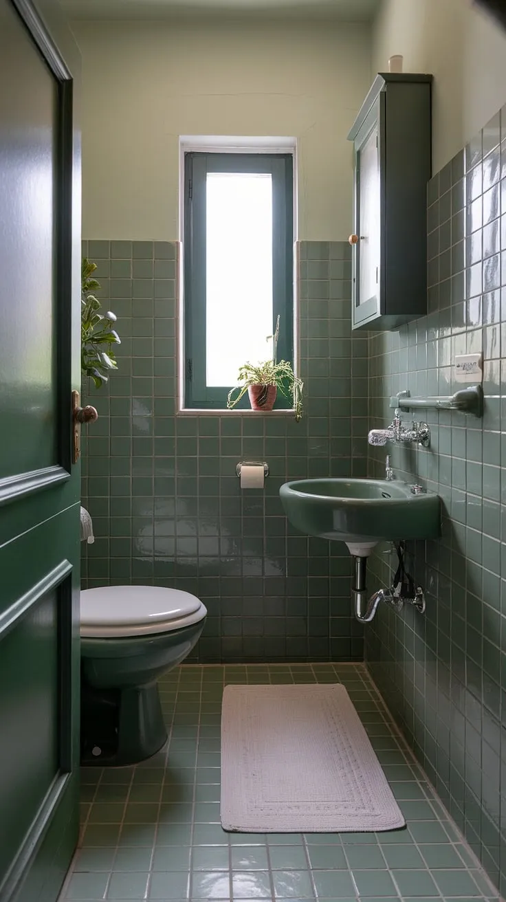 With its dark green door and lush potted plant, this sage green bathroom showcases a chic blend of green bathroom decor ideal for upstairs bathrooms.
