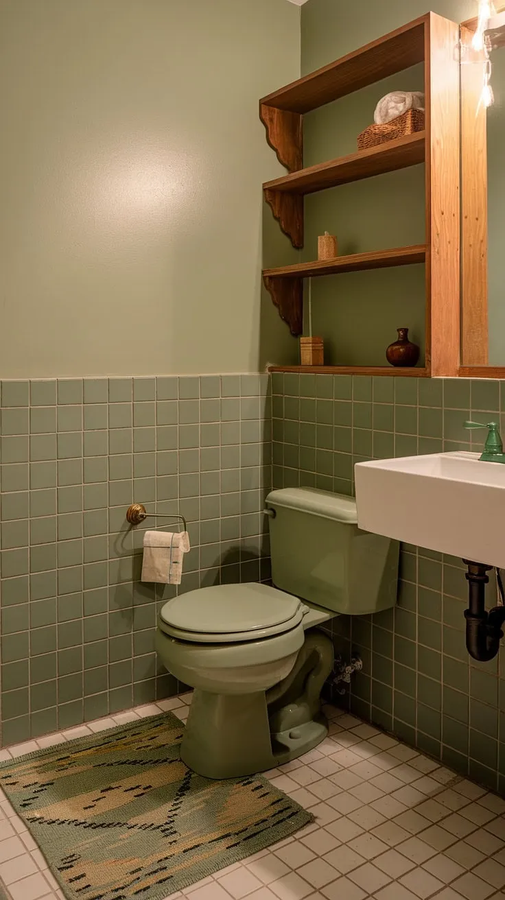 This sage green bathroom features stylish green tile decor, a white sink and toilet, and warm lighting, making it a perfect choice for a small bathroom redesign.