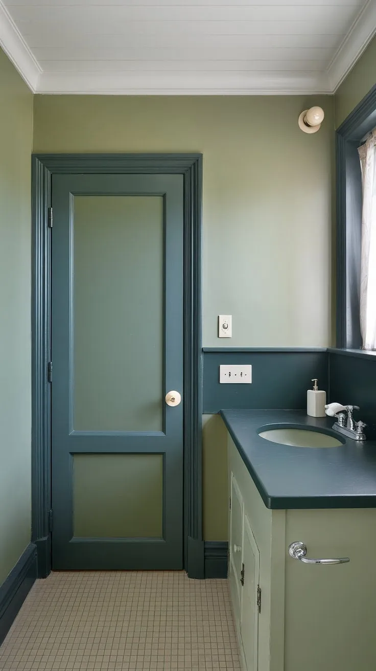 This small sage green bathroom features a striking dark green countertop and wall, complemented by white fixtures and beige-green patterned tiles, creating a stylish restroom decor perfect for a bathroom redesign.