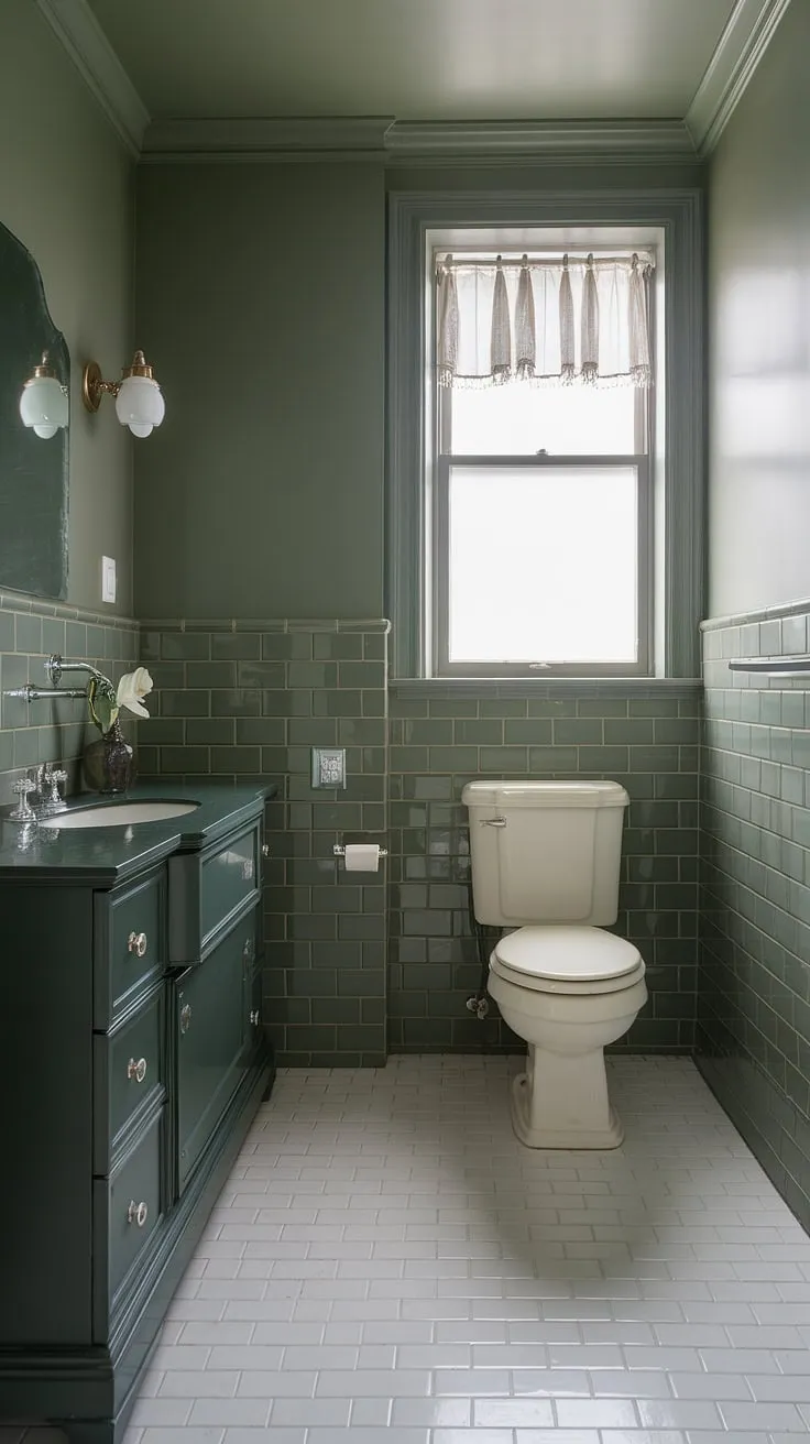 The combination of sage green walls, a dark green vanity, and white fixtures transforms this upstairs bathroom into a chic oasis of green bathroom decor.