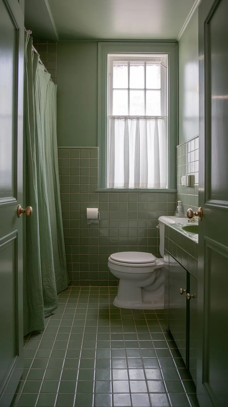 This bright sage green bathroom features a stylish green tile floor and wall, complemented by white fixtures and a green curtain, making it an ideal choice for a small bathroom interior or a bathroom redesign.