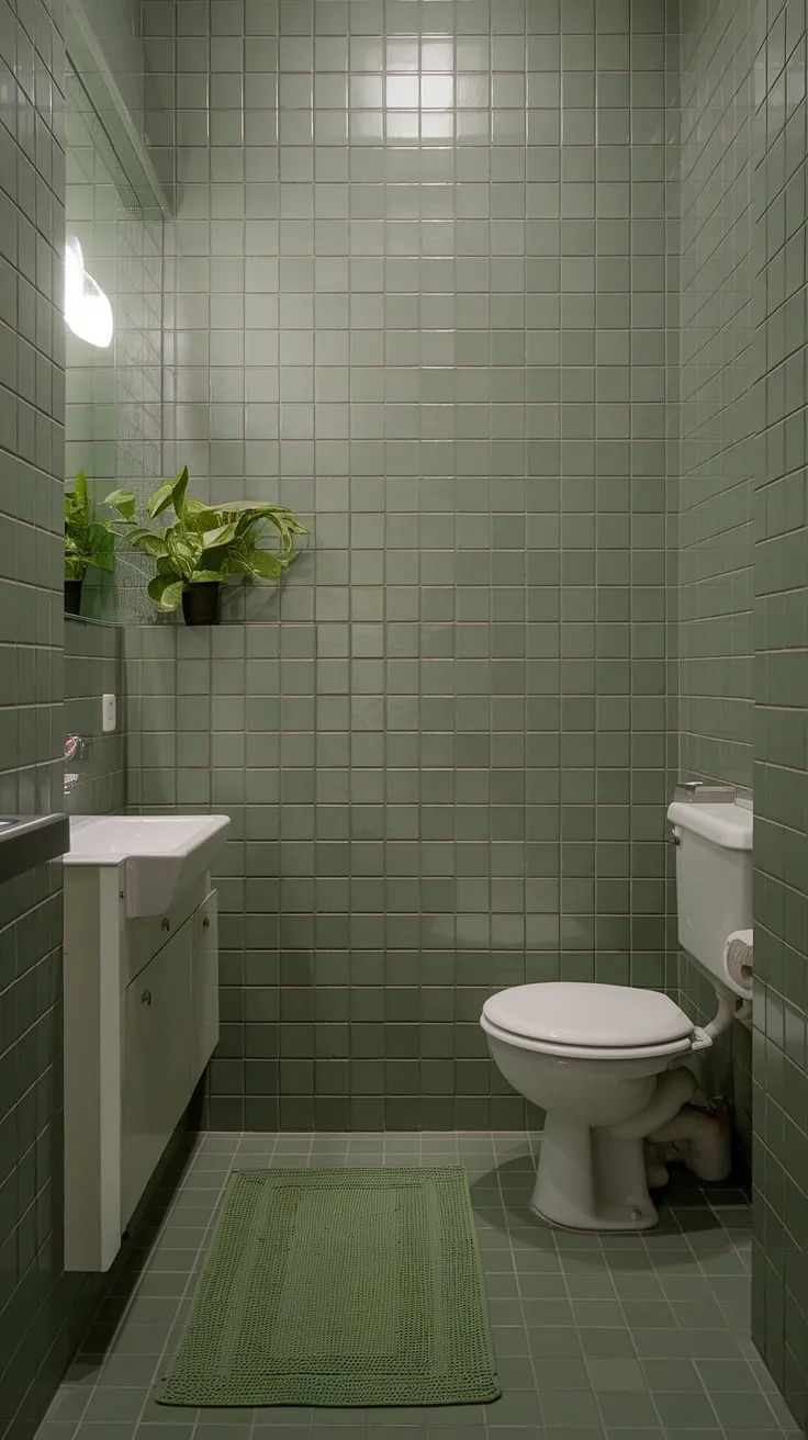 The combination of sage green walls, green tile flooring, and vibrant restroom decor creates a chic and inviting atmosphere in this small bathroom interior.