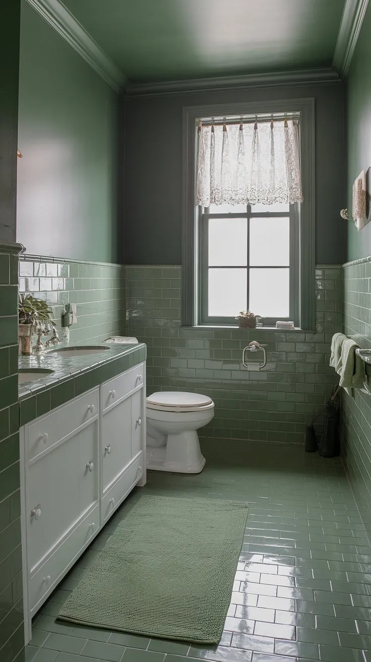 The combination of sage green walls and green tile creates a refreshing atmosphere in this upstairs bathroom, ideal for modern restroom decor.