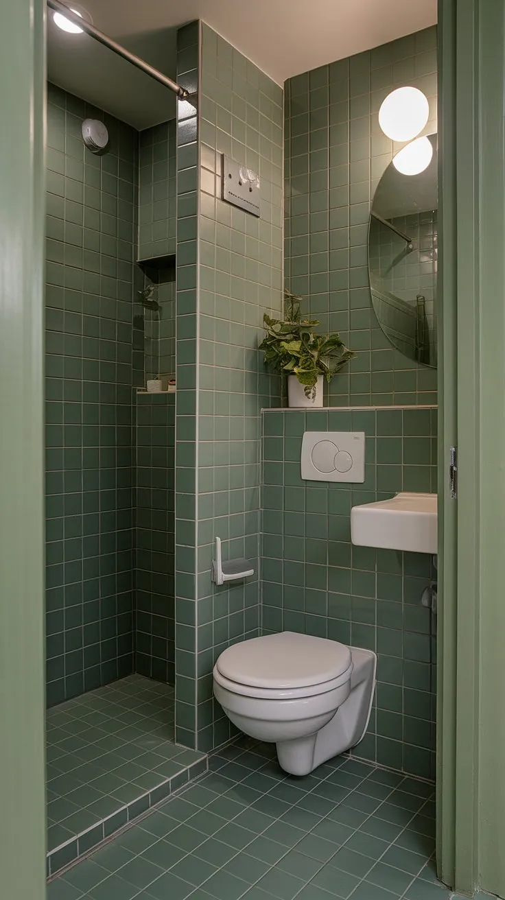 The small upstairs bathroom showcases a stunning sage green color scheme with green tile decor, bright lighting, and a refreshing plant, perfect for modern restroom decor.
