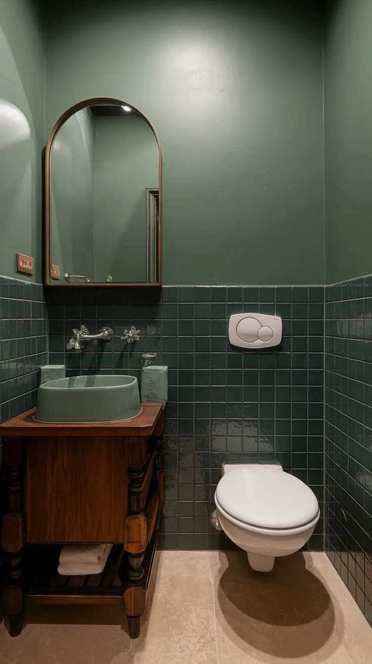 This small sage green bathroom features a striking dark green tiled wall, complemented by white fixtures and a wooden vanity, making it a stylish choice for bathroom redesign.