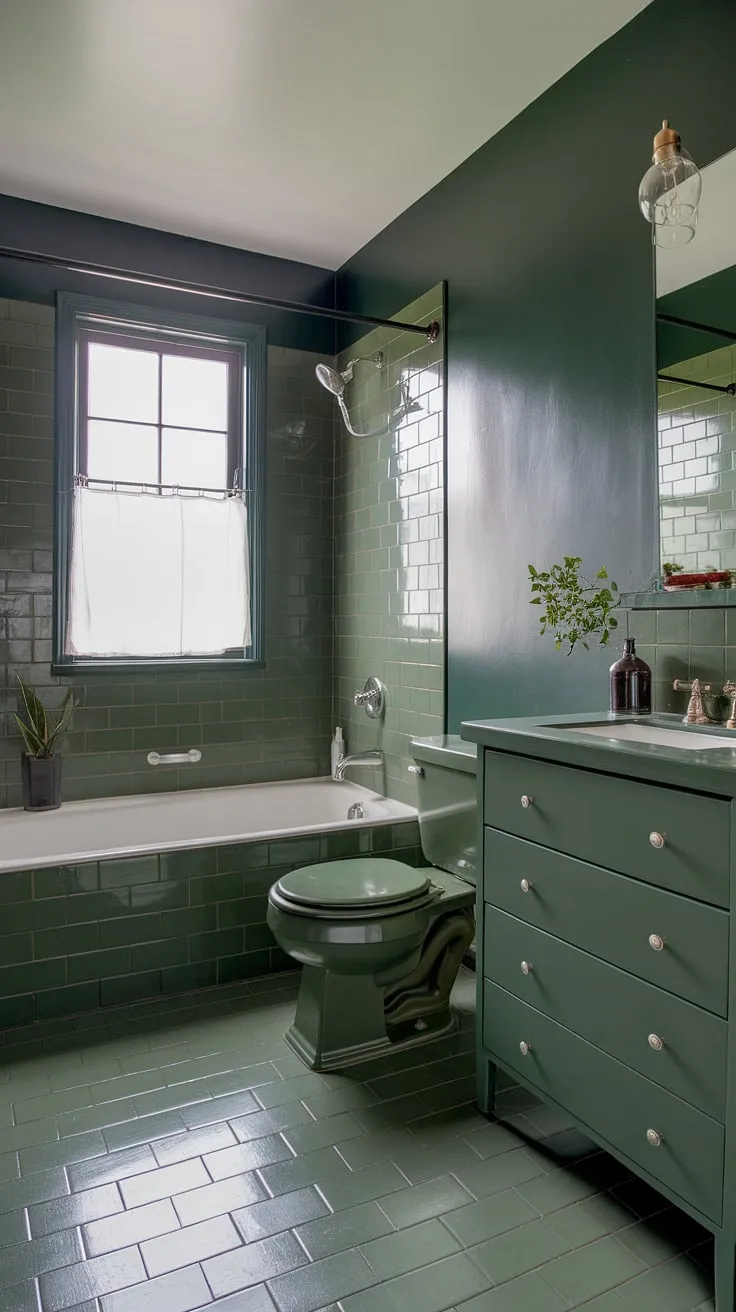 This sage green bathroom features a harmonious blend of green tile decor, a white bathtub, and a dark green accent wall, creating a stylish and refreshing small bathroom interior.