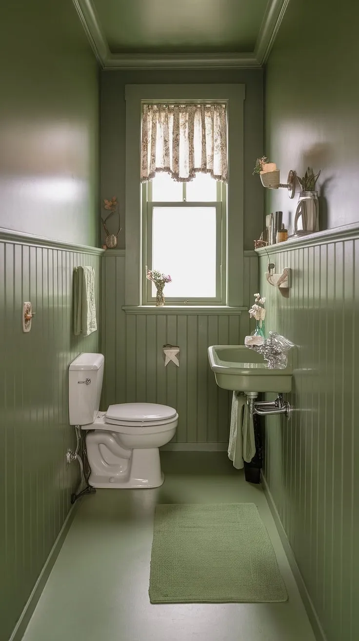 This small upstairs bathroom showcases a stunning sage green color scheme with green tile accents, complemented by white fixtures and soft lighting for a refreshing bathroom redesign.