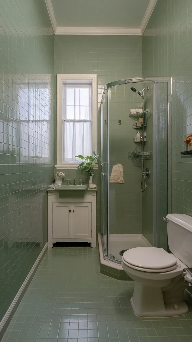 This small upstairs bathroom features a bright sage green hue with green tile decor, a white vanity, and a touch of nature, making it a refreshing space for a bathroom redesign.