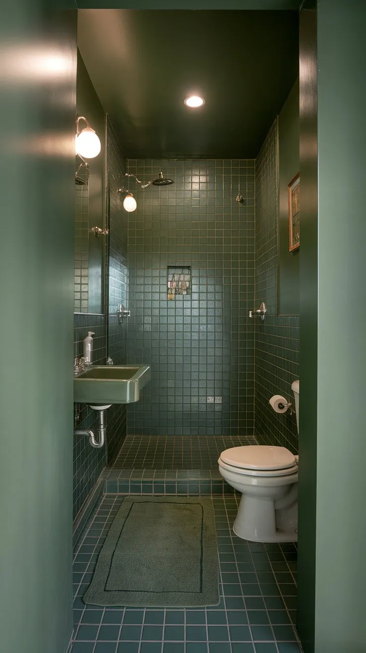 The sage green bathroom showcases a harmonious blend of dark green tile and white fixtures, creating a chic restroom decor in a compact upstairs space.