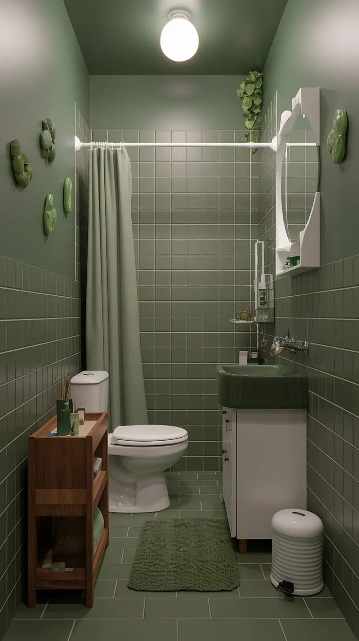 The inviting sage green bathroom showcases a chic green tile floor and walls, complemented by white fixtures and decor, perfect for transforming small upstairs bathrooms.