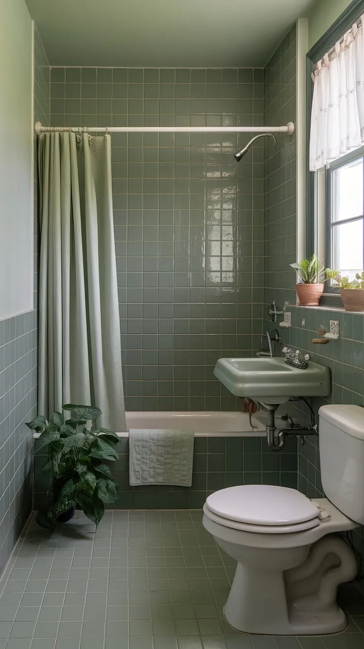 This small sage green bathroom features a harmonious blend of green tile decor, a white bathtub, and airy elements, making it a refreshing choice for any bathroom redesign.