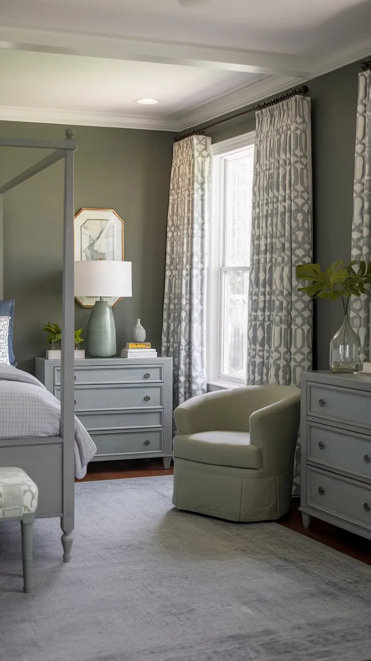 This sage green bedroom, adorned with gray and green elements, serves as the perfect inspiration for redecorating your space and achieving a coastal vibe.