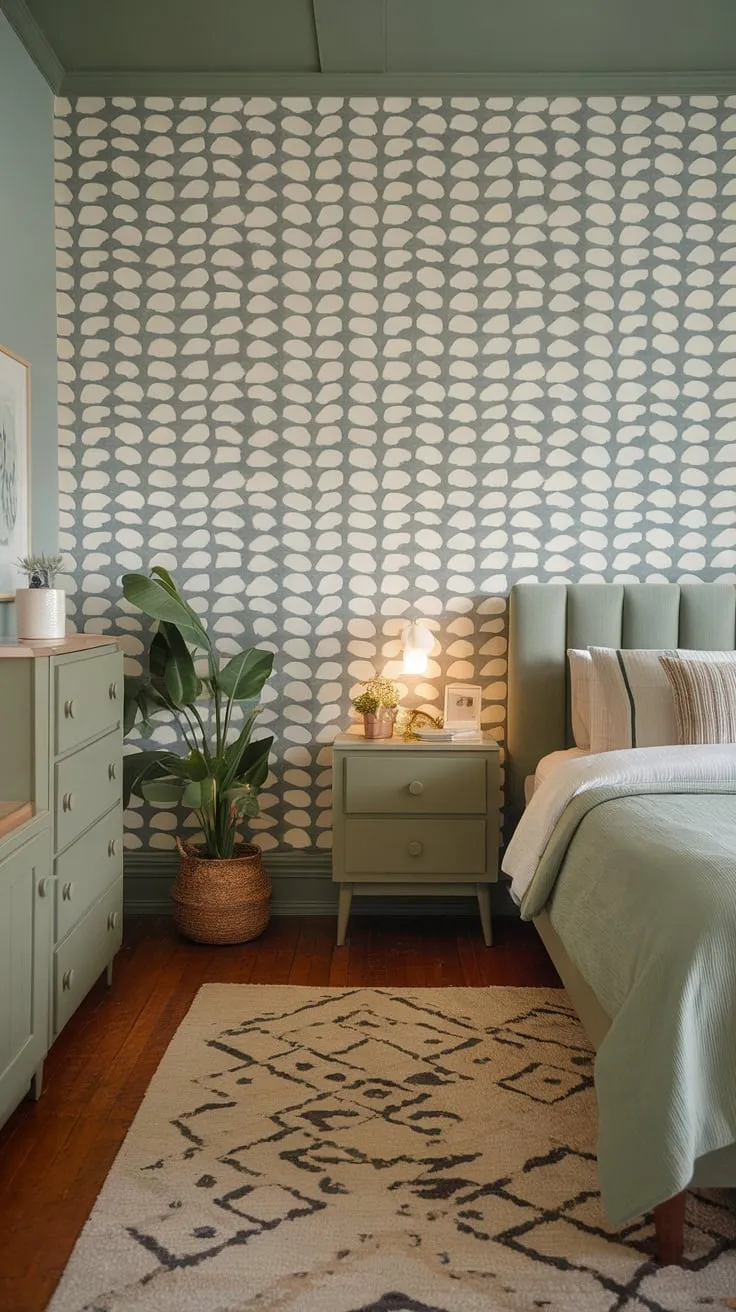 This dream bedroom inspiration showcases a sage green and gray palette, ideal for a stylish room redesign that radiates warmth and comfort.