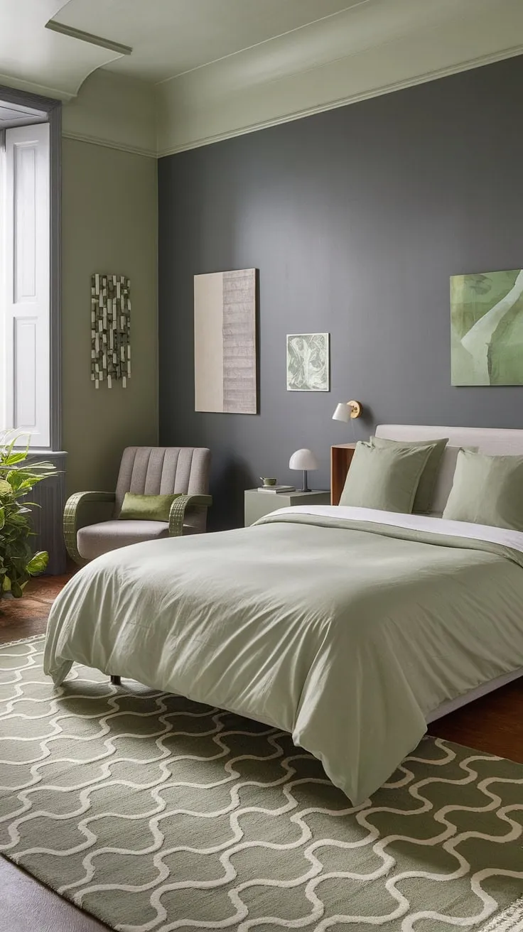 Transform your space with this sage green bedroom featuring gray accents, offering fresh gray and green bedroom ideas for your dream bedroom inspiration and new room ideas.
