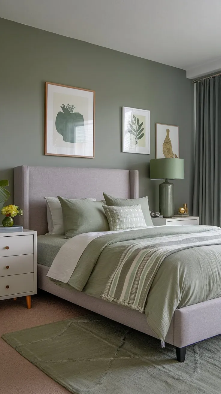 Elevate your bedroom with a chic sage green palette, incorporating gray and green bedroom ideas, a gray bed frame, and vibrant green accents for a stunning room redesign.
