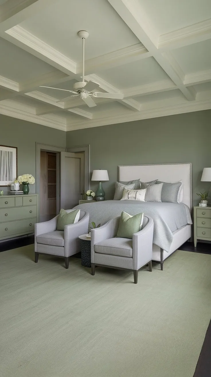 Transform your space with this sage green bedroom featuring gray and green accents, offering fresh bedroom vibes and inspiring new room ideas for your dream bedroom redesign.