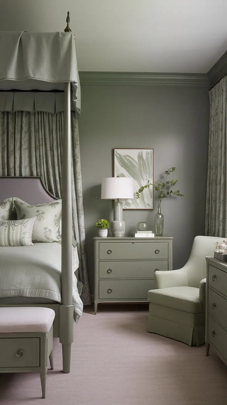 Discover the perfect blend of calm bedroom vibes in this sage green and gray room, ideal for your dream bedroom inspiration and new room ideas.