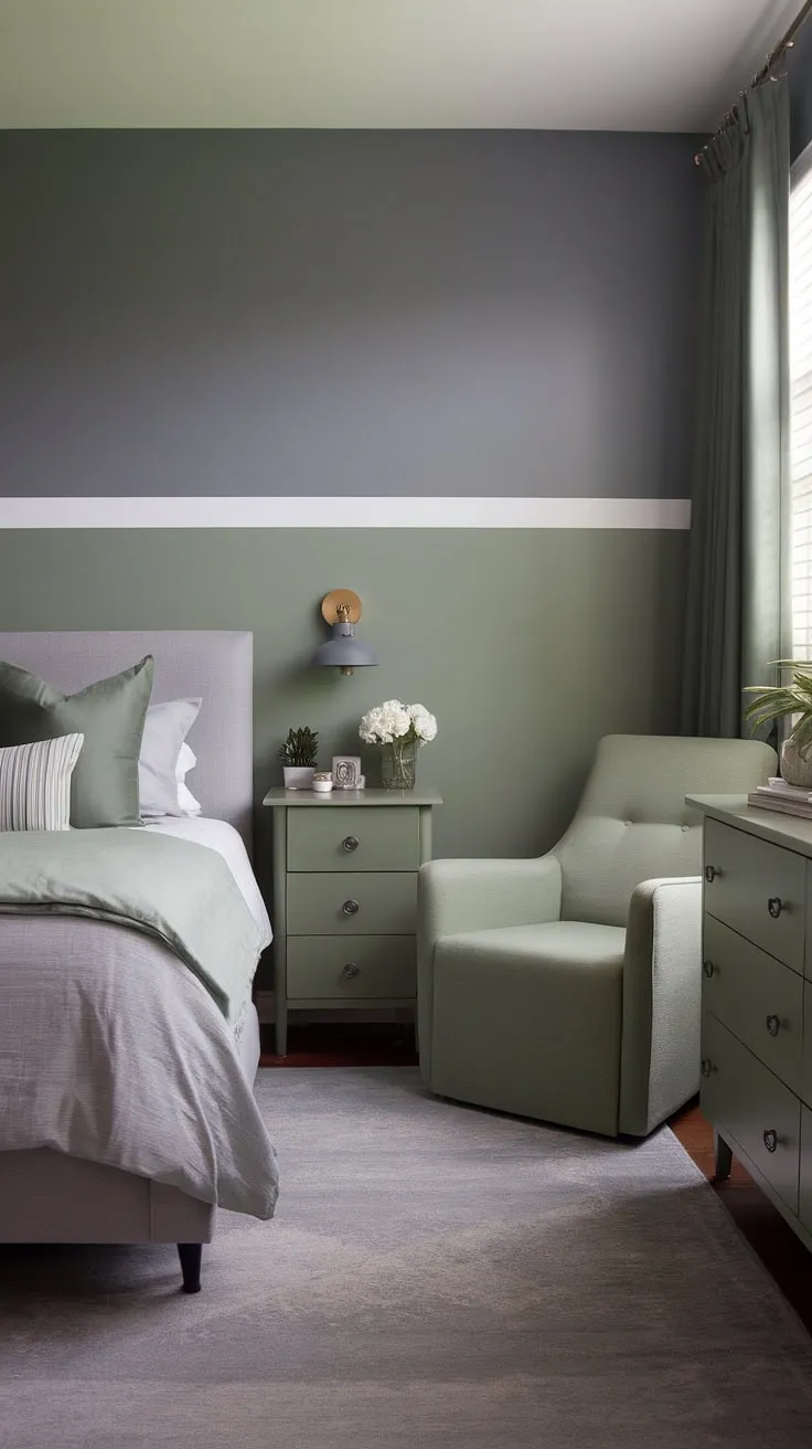 Discover inspiring gray and green bedroom ideas with a sage green accent wall and stylish furniture that elevate your bedroom vibes for ultimate relaxation.