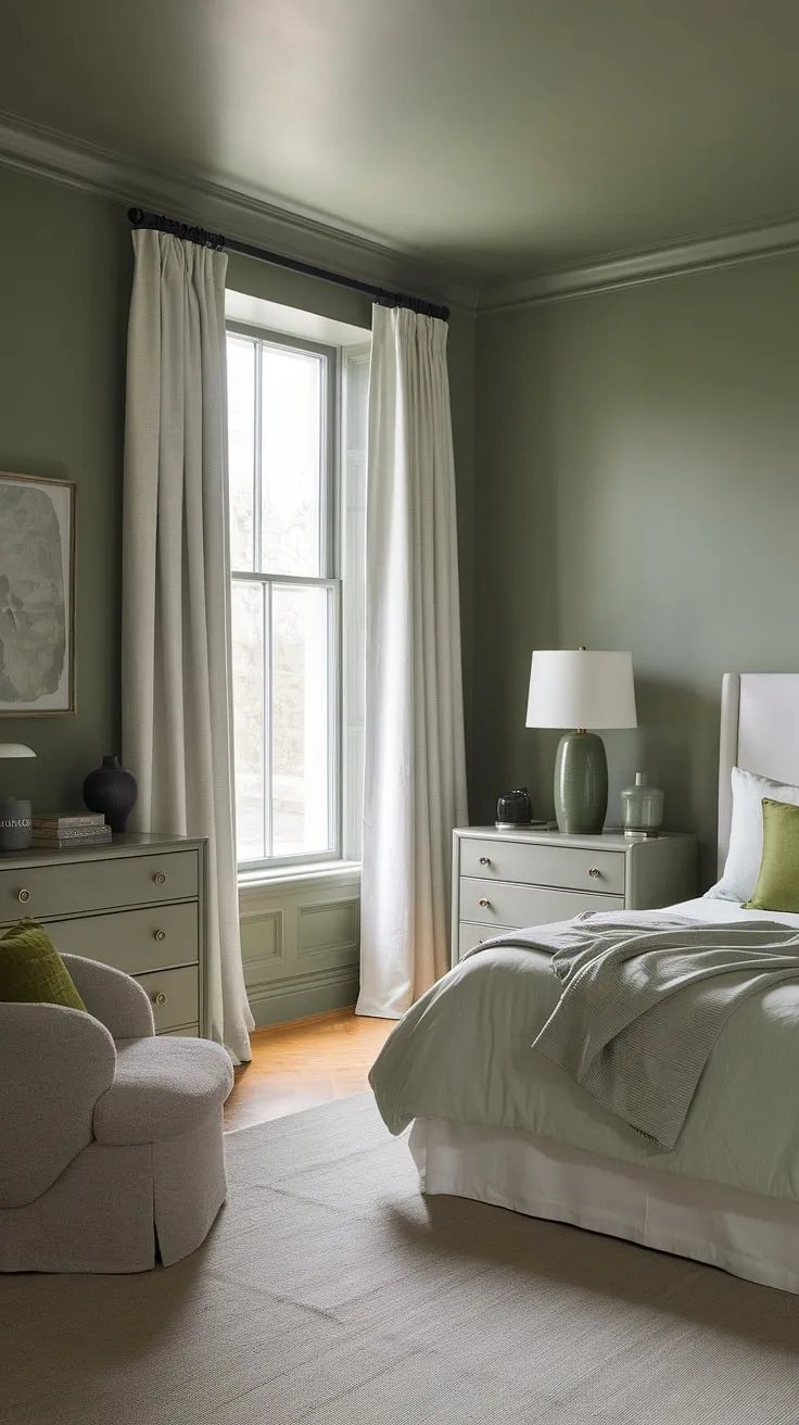 This sage green bedroom, adorned with gray and green accents, is the perfect room redesign for anyone seeking green room ideas to redecorate their bedroom and elevate their bedroom vibes.