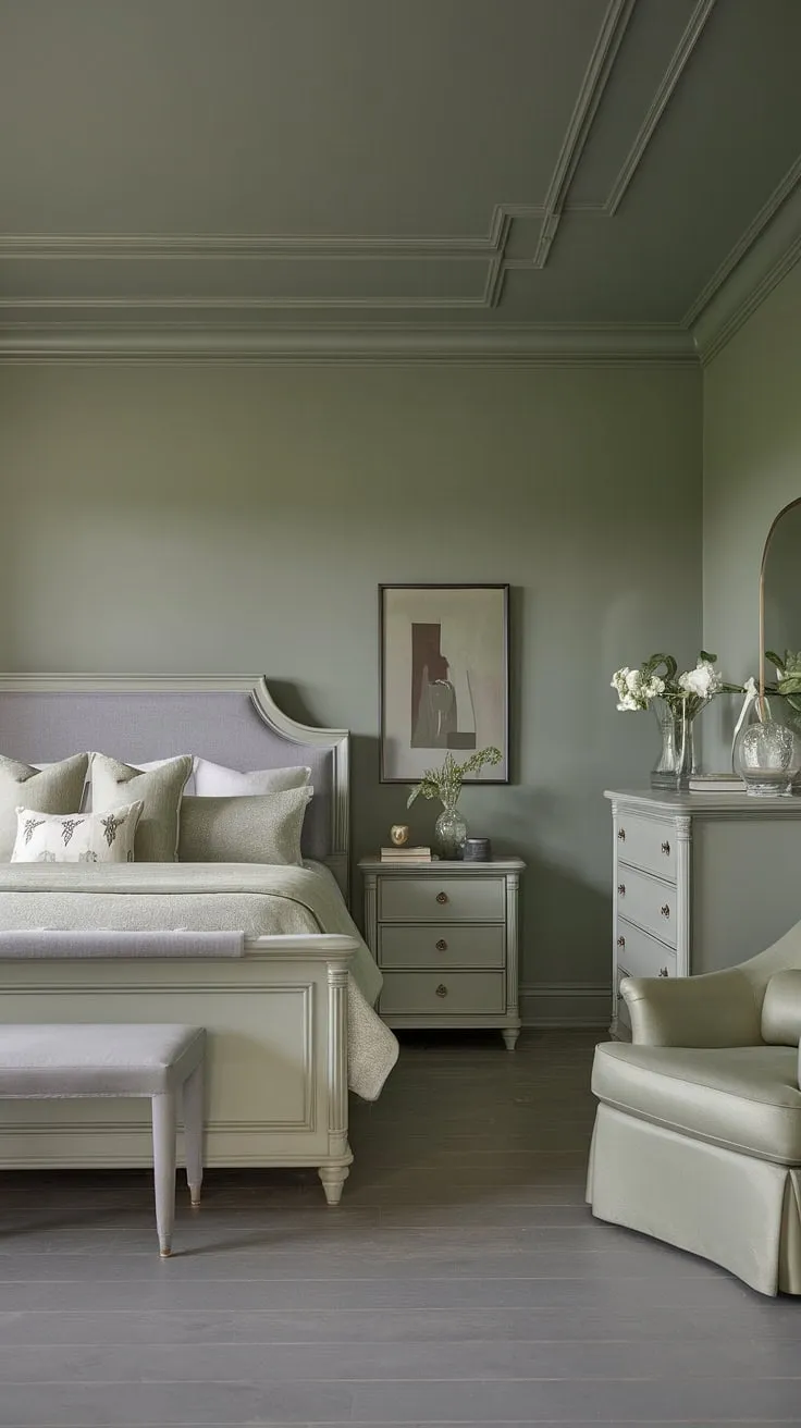 Transform your space with this sage green bedroom featuring gray accents, offering fresh gray and green bedroom ideas for your dream bedroom inspiration and room redesign.