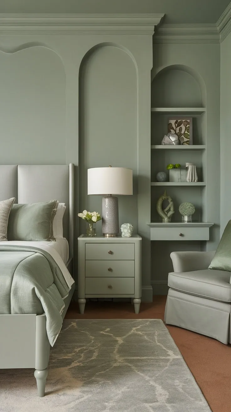 With its harmonious blend of sage green and gray, this room redesign serves as perfect dream bedroom inspiration for anyone looking to redecorate their space.