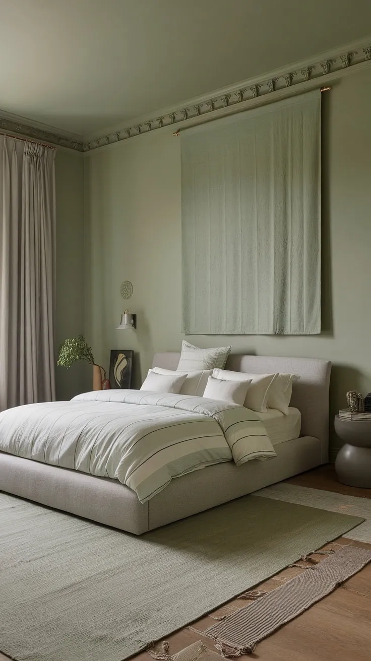 Discover new room ideas with a sage green bedroom that features a gray platform bed and stylish decor for ultimate bedroom vibes.