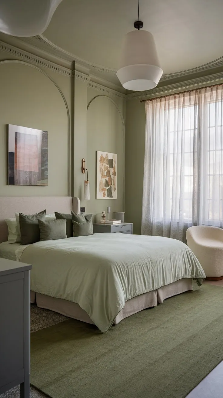 Discover new room ideas with this cozy green bedroom, showcasing stylish gray and green bedroom ideas that elevate your bedroom vibes and inspire a perfect redecorate bedroom project.