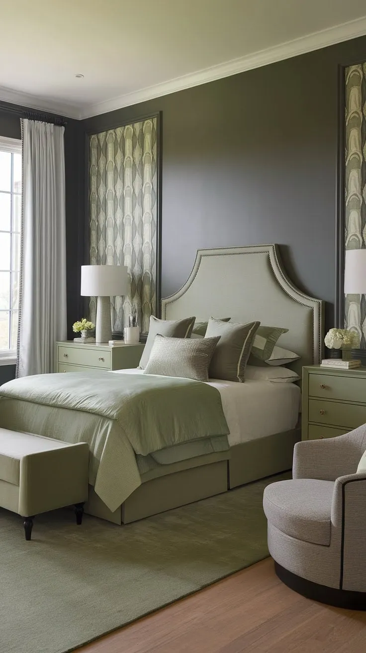 Transform your space with this sage green bedroom featuring gray accents, offering fresh gray and green bedroom ideas for your dream bedroom inspiration and room redesign.