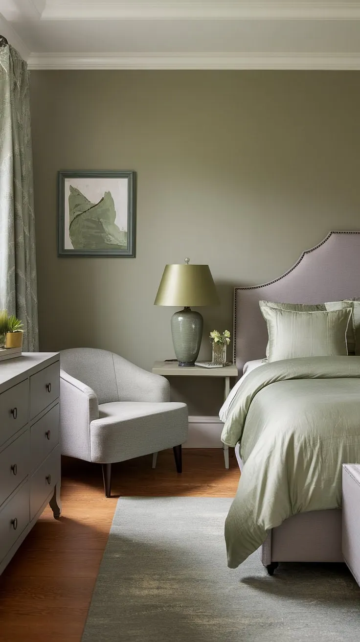 Transform your space with this sage green bedroom featuring gray accents, offering fresh gray and green bedroom ideas for your dream bedroom inspiration and new room ideas.