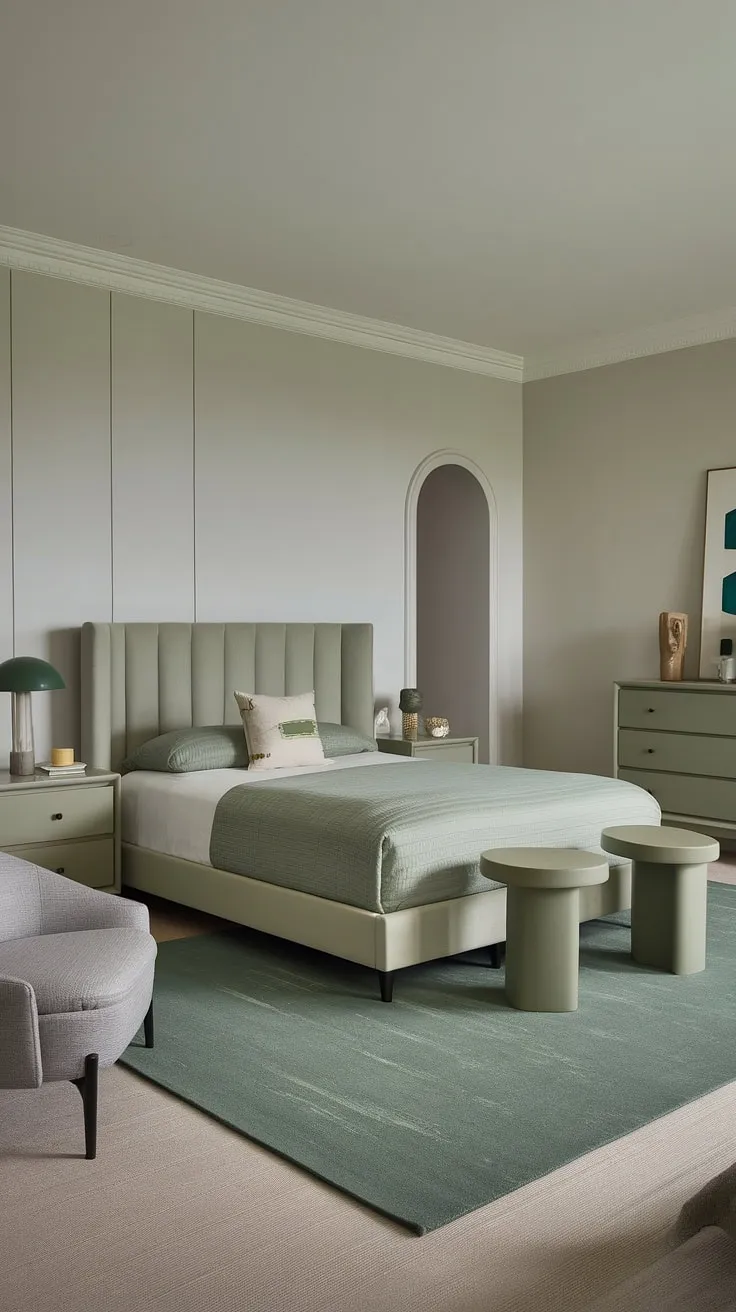 Transform your space with this sage green bedroom featuring gray and green accents, offering fresh bedroom vibes and inspiring new room ideas for your dream bedroom redesign.