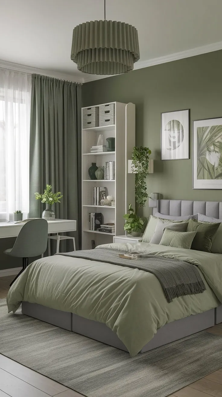 Redecorate your bedroom with fresh green room ideas, featuring a sage green palette and stylish gray accents for a chic room redesign.