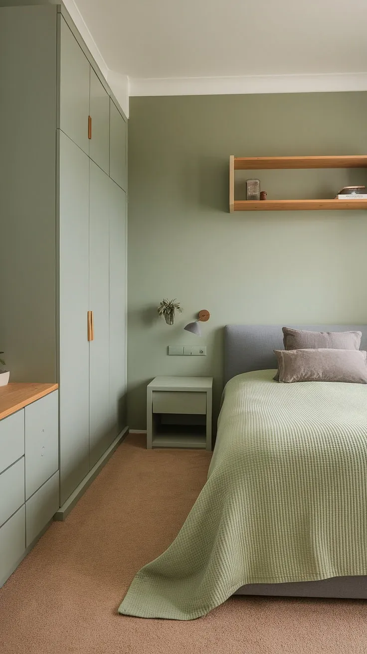 Discover the ultimate green room ideas for your bedroom with this sage green and gray design, blending comfort and style for a refreshing room redesign.