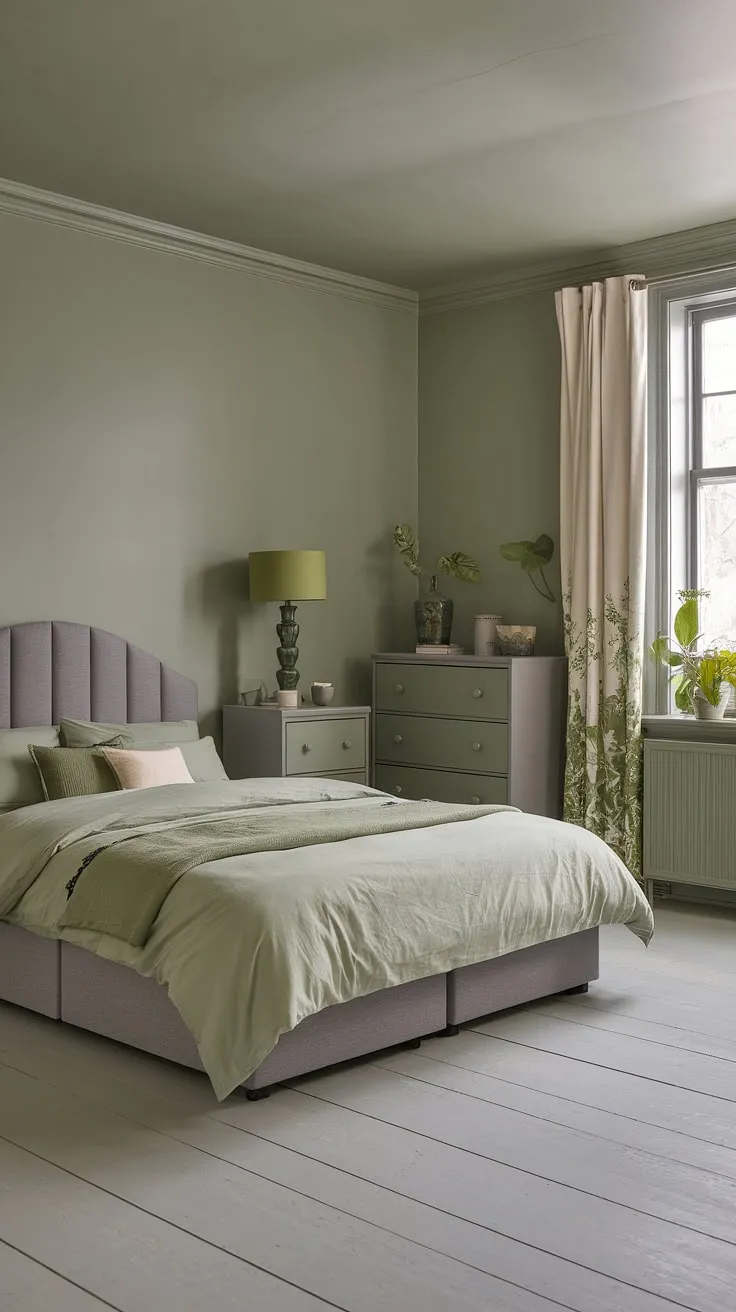 Transform your space with this sage green bedroom featuring gray and green accents, offering fresh bedroom vibes and inspiring new room ideas for your dream bedroom redesign.