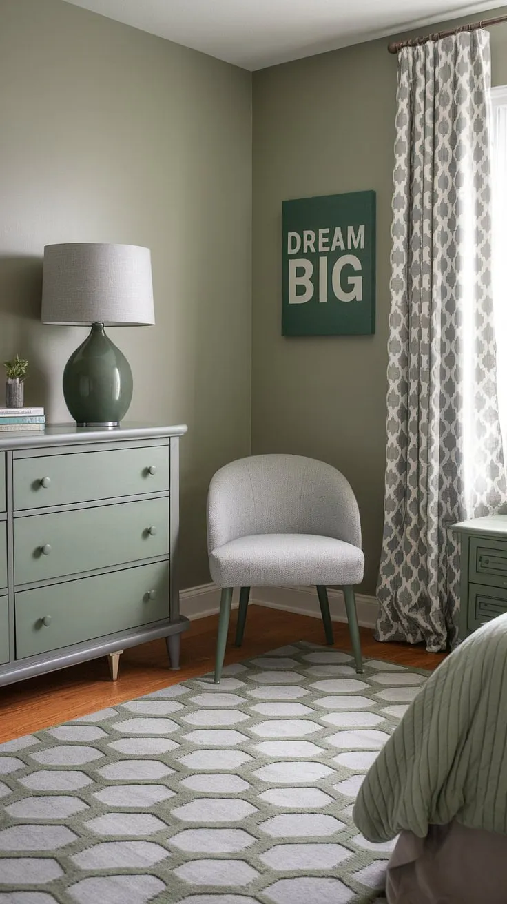 Transform your space with this sage green bedroom featuring gray and green accents, offering fresh bedroom vibes and inspiring new room ideas for your dream bedroom redesign.