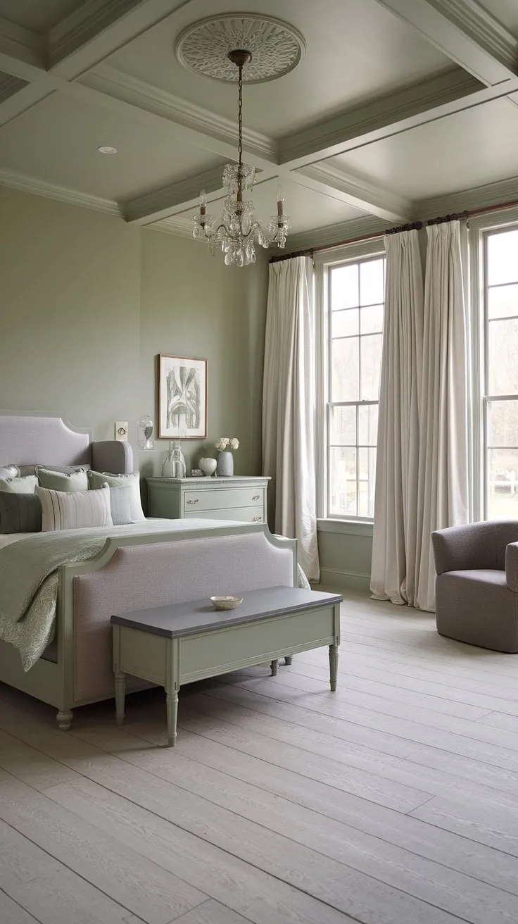 Transform your space with this sage green bedroom featuring gray accents, offering fresh green room ideas for a dreamy bedroom vibe and inspiring new room redesigns.