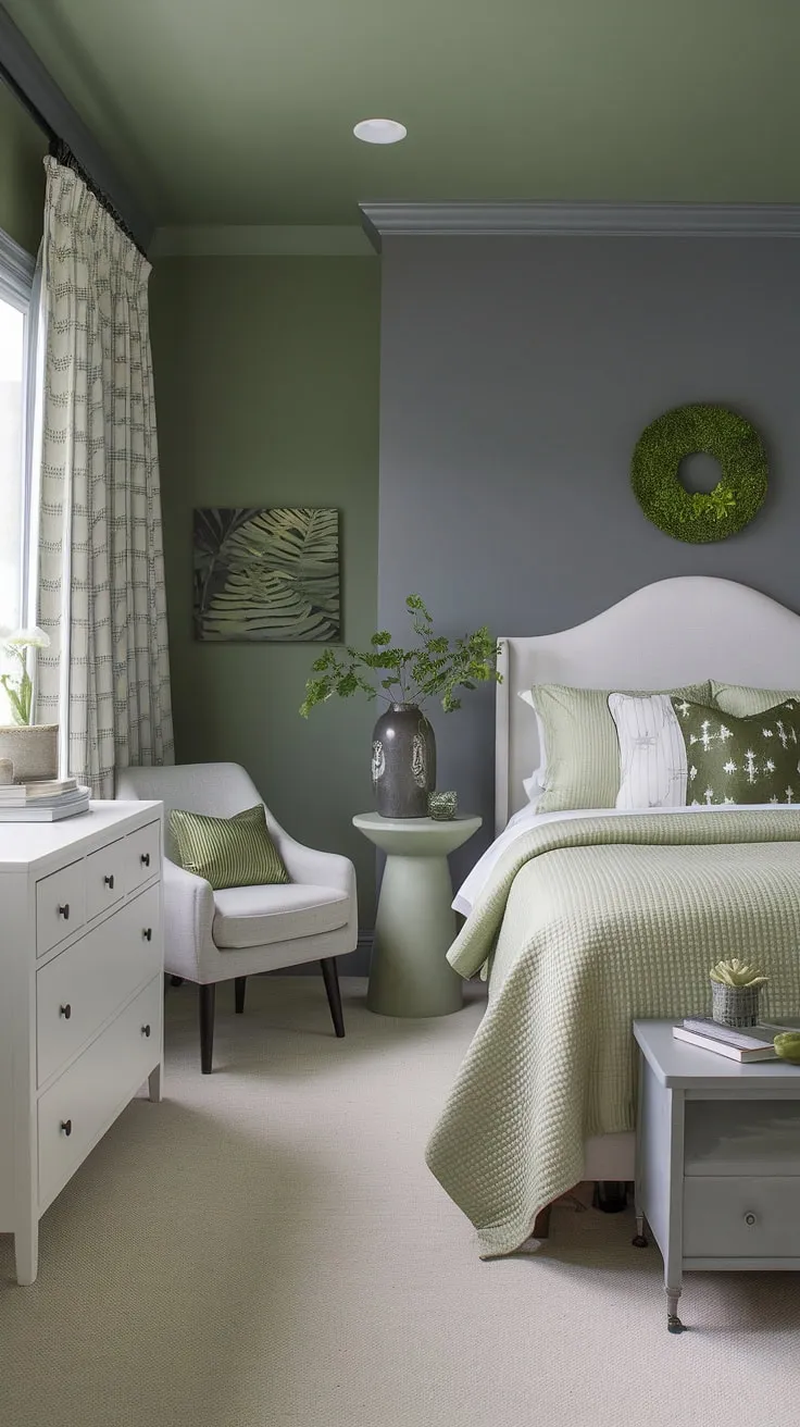 Transform your space with this sage green bedroom featuring gray accents and white furniture for dreamy bedroom vibes and fresh room redesign ideas.