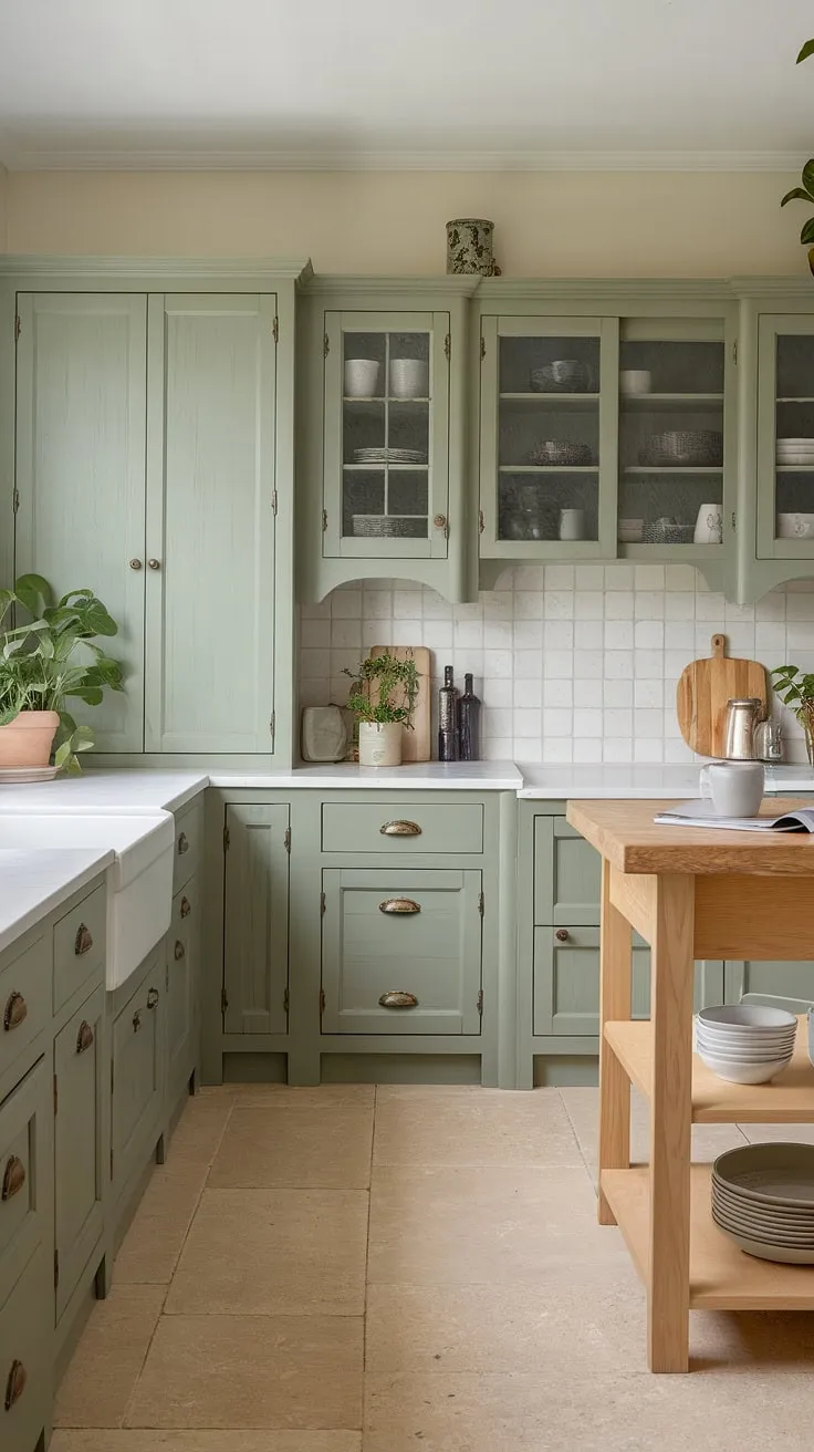 This kitchen features rustic green wood cabinets in a soothing sage green palette, complemented by a white countertop and a pine island, creating a harmonious blend of nature and style.