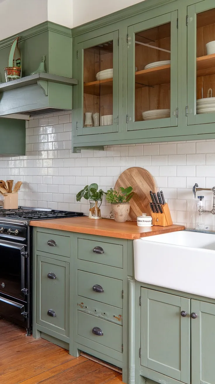 This stunning kitchen features rustic eucalyptus green cabinets paired with a pine countertop, complemented by a white backsplash and a harmonious sage green kitchen palette.